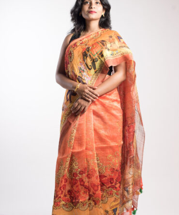 Squash Orange Silk Linen Kalamkari Print Saree