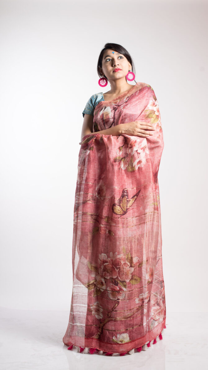 Blush Pink Silk Linen Floral Print Saree