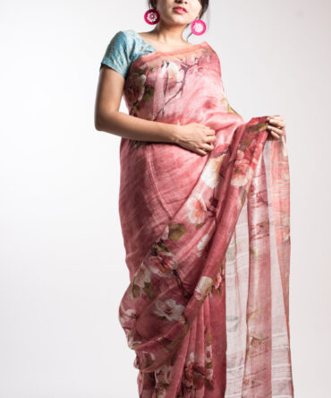 Blush Pink Silk Linen Floral Print Saree