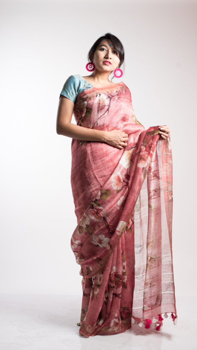 Blush Pink Silk Linen Floral Print Saree