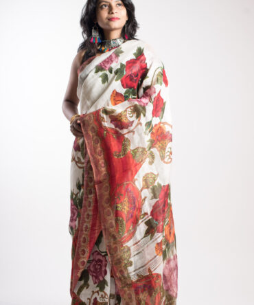 multi colour Silk Linen Floral Digital Print Saree
