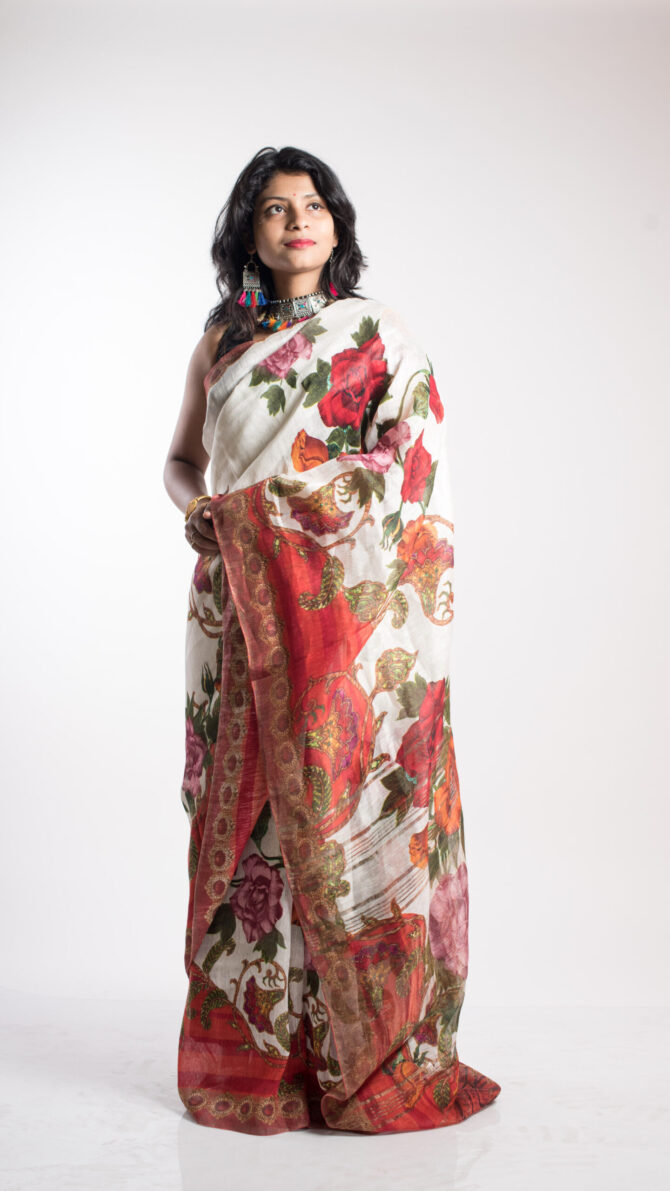 multi colour Silk Linen Floral Digital Print Saree