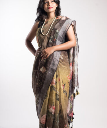 multi colour Silk Linen Floral Print Saree