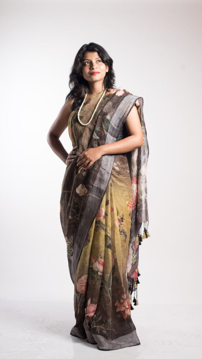 multi colour Silk Linen Floral Print Saree