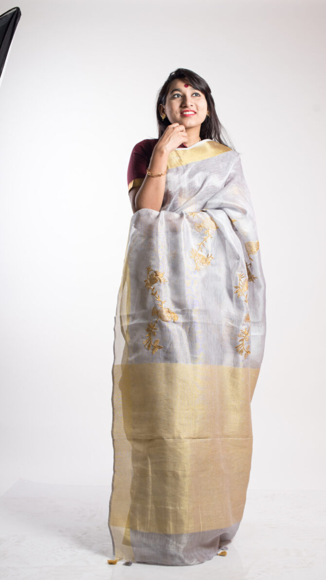 Faded Grey Floral Tissue Linen Saree