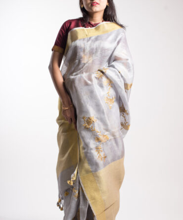 Faded Grey Floral Tissue Linen Saree