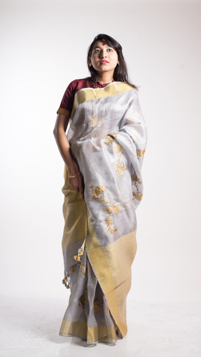 Faded Grey Floral Tissue Linen Saree