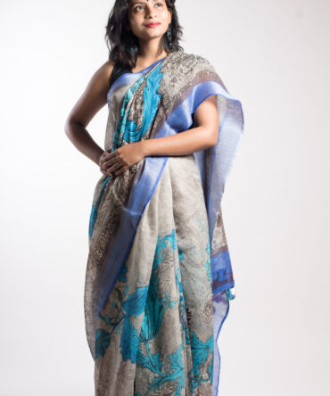 Aqua Blue Linen Digital Print Saree