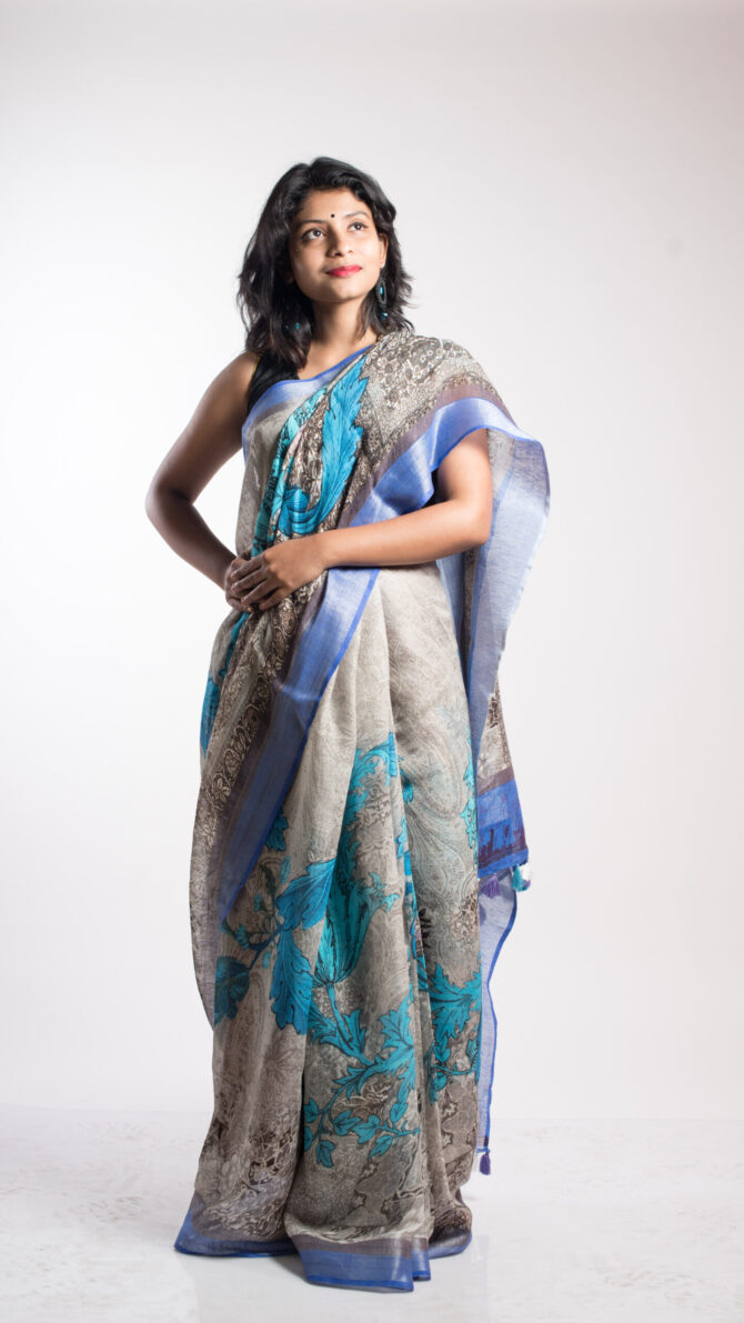 Aqua Blue Linen Digital Print Saree