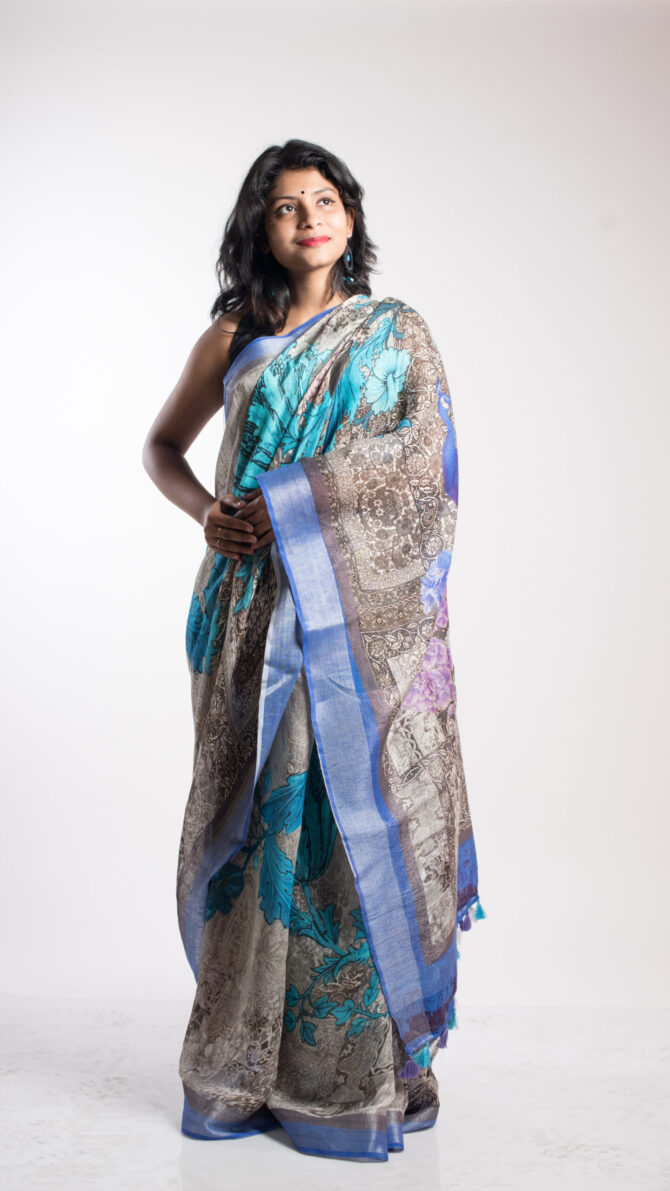 Aqua Blue Linen Digital Print Saree