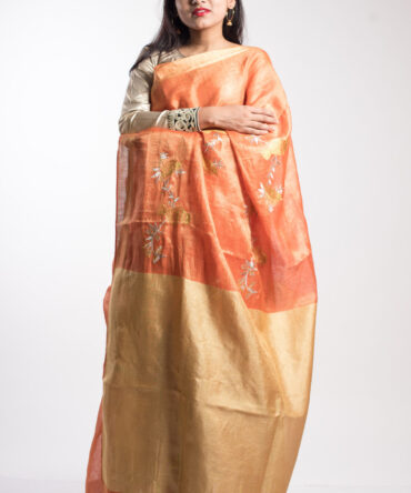 Orange Floral Tissue Linen embroidery Saree