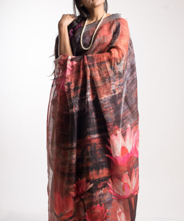 Black And Red Linen Floral Print Saree