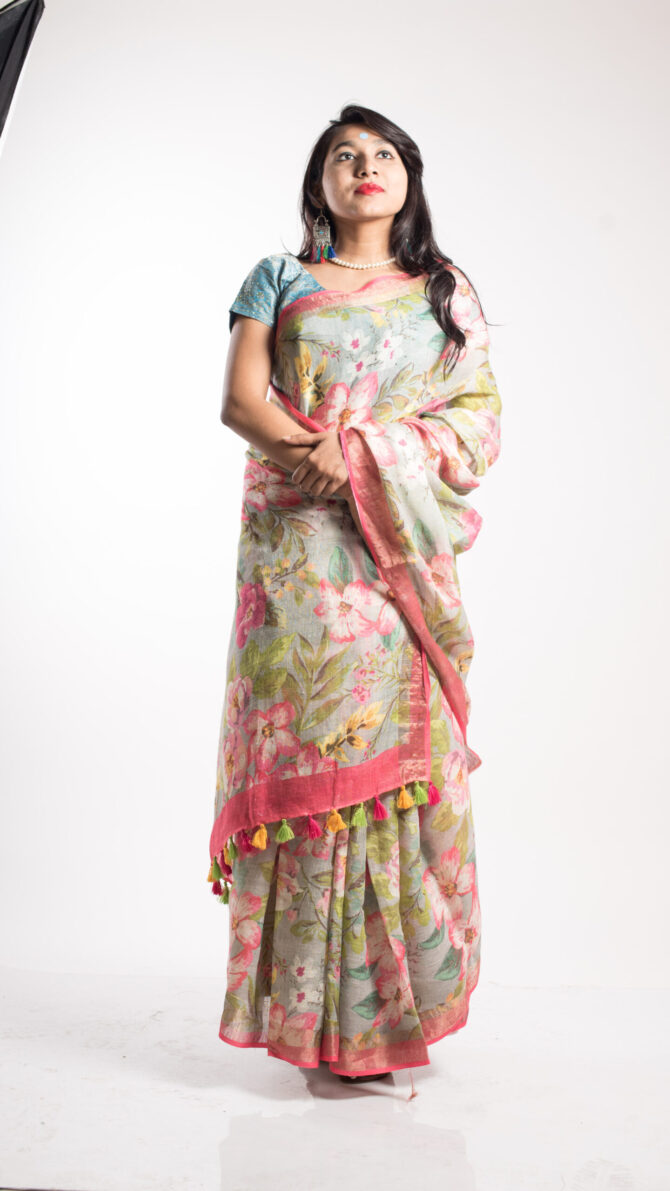 Lime Green Silk Linen Floral Print Saree