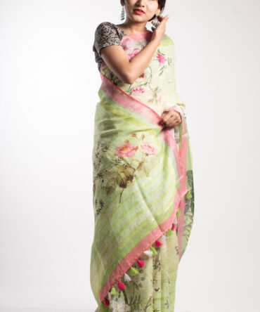 Lime Green Silk Linen Floral Print Saree