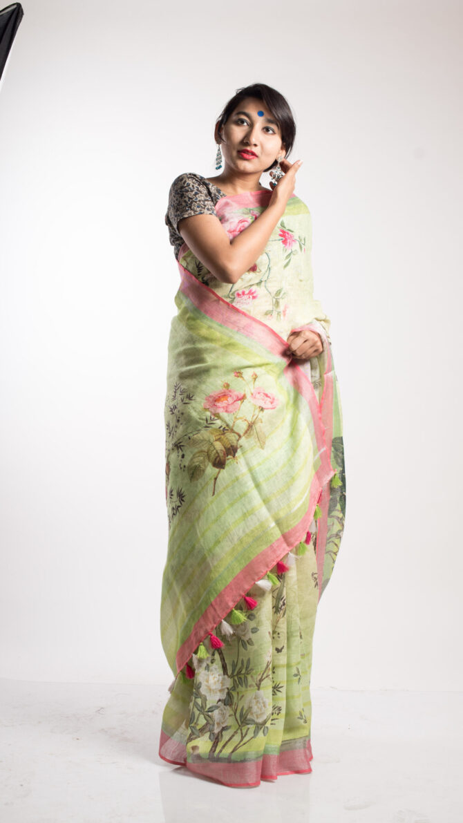 Lime Green Silk Linen Floral Print Saree