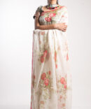 White Silk Linen Floral Print Saree