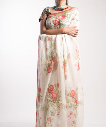 White Silk Linen Floral Print Saree