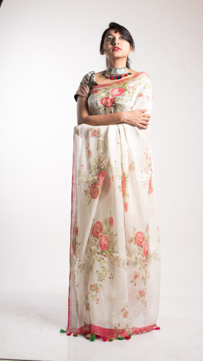 White Silk Linen Floral Print Saree