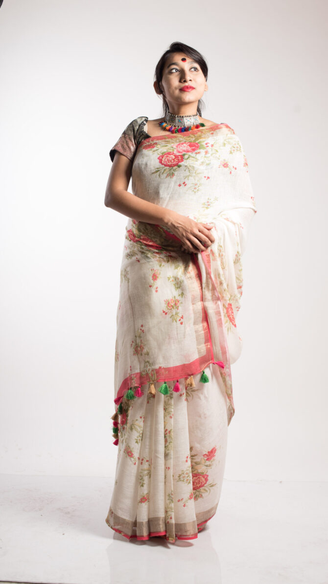White Silk Linen Floral Print Saree