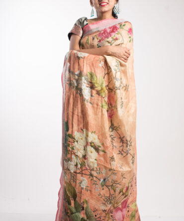 Peach Sorbet Linen Floral Print Saree