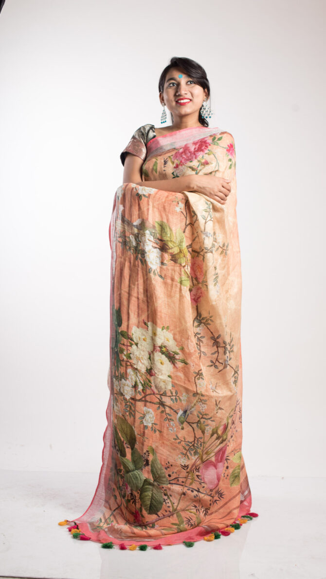 Peach Sorbet Linen Floral Print Saree