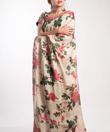 off-white Linen With Pink Border rose Floral Print Saree