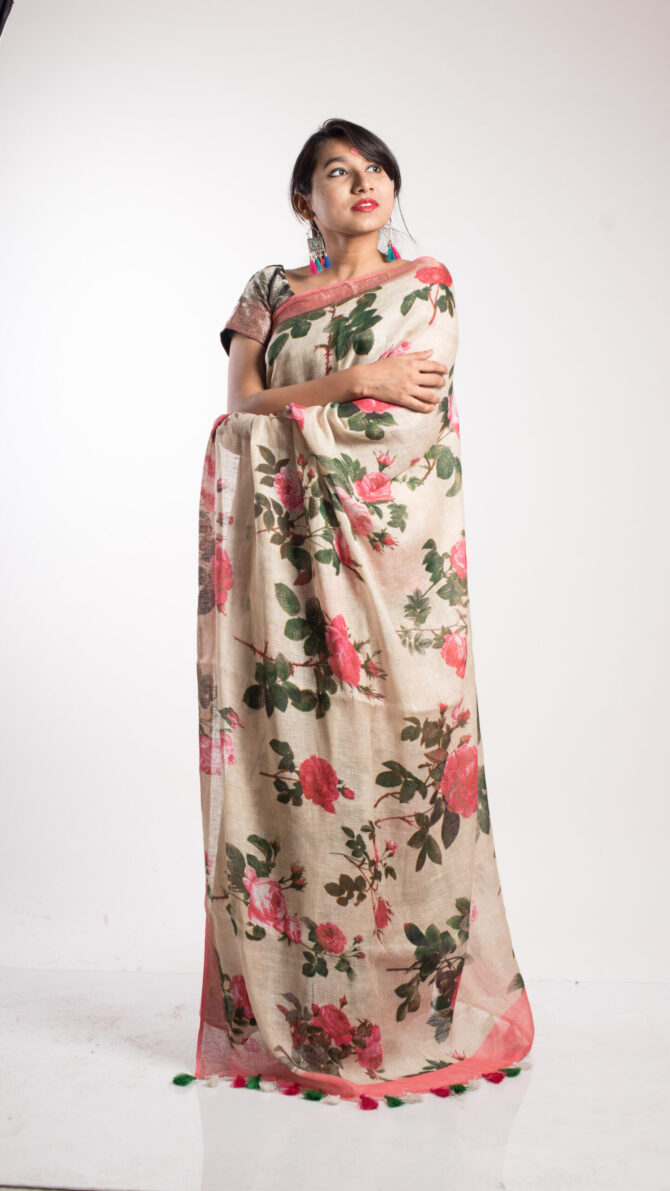 off-white Linen With Pink Border rose Floral Print Saree