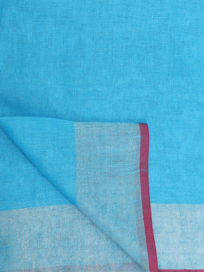 Sky Blue With Pink Border Pure Linen Saree