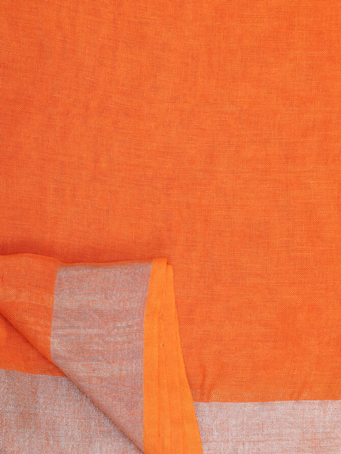 Orange With Silver Border Pure Linen Saree, linen