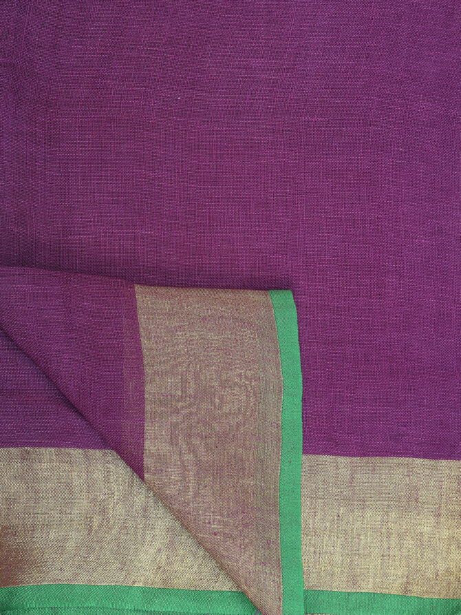 Purple With Green Border Pure Linen Saree