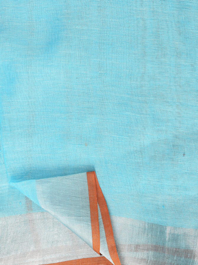 Aqua Blue Hand Embroidered Linen Saree