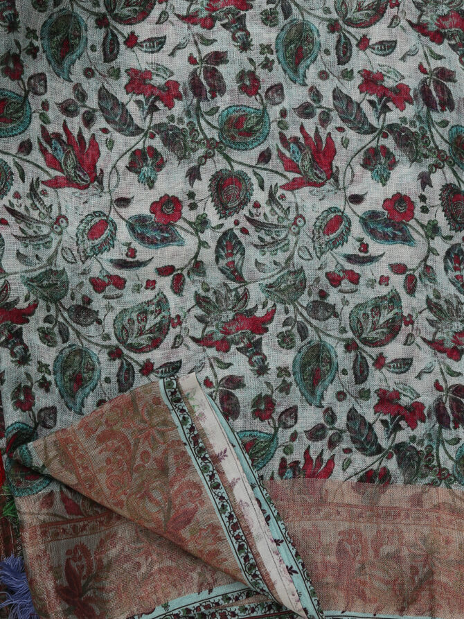 beige Digital Linen Floral Print Saree