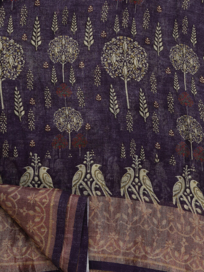 Dark Brown Floral Linen Digital Print Saree