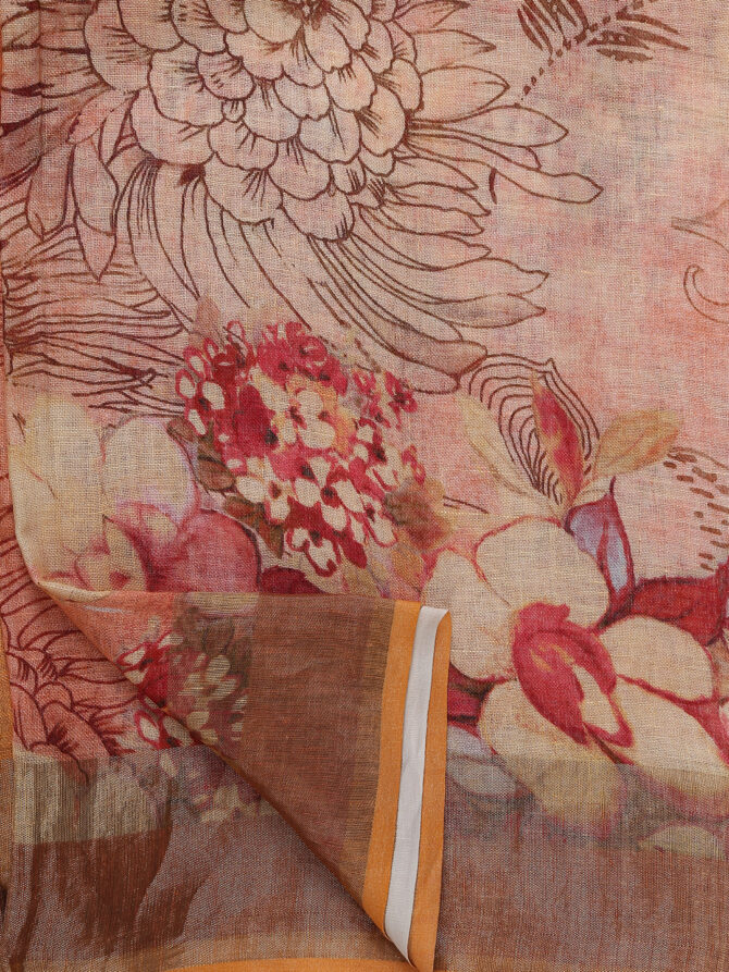 Peach Floral Linen Digital Print Saree