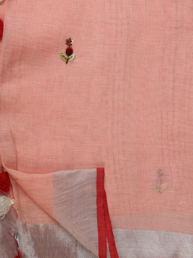 Peach With Silver hand Embroidered Linen Saree