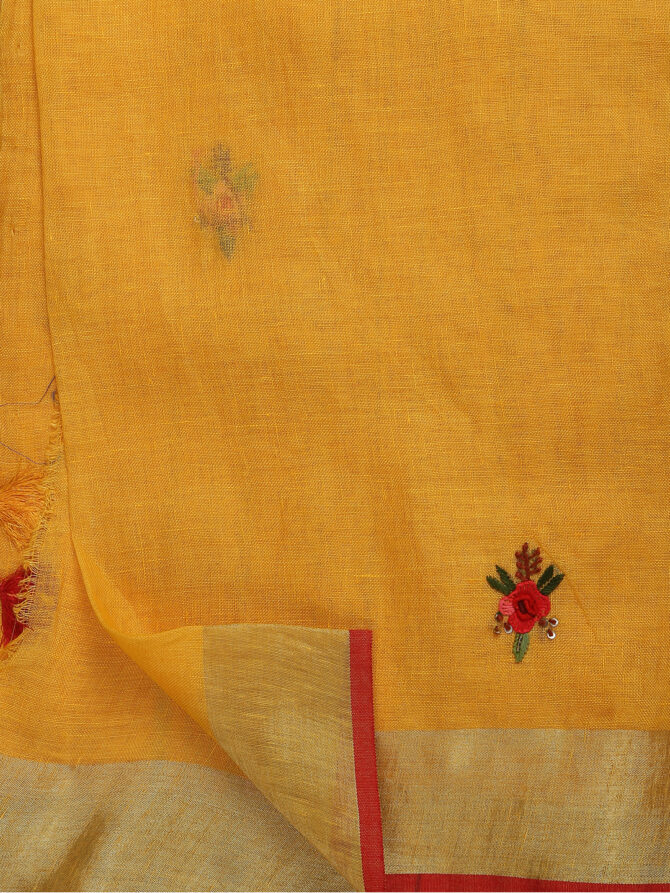 Mustard Yellow Embroidered Pure Linen Saree