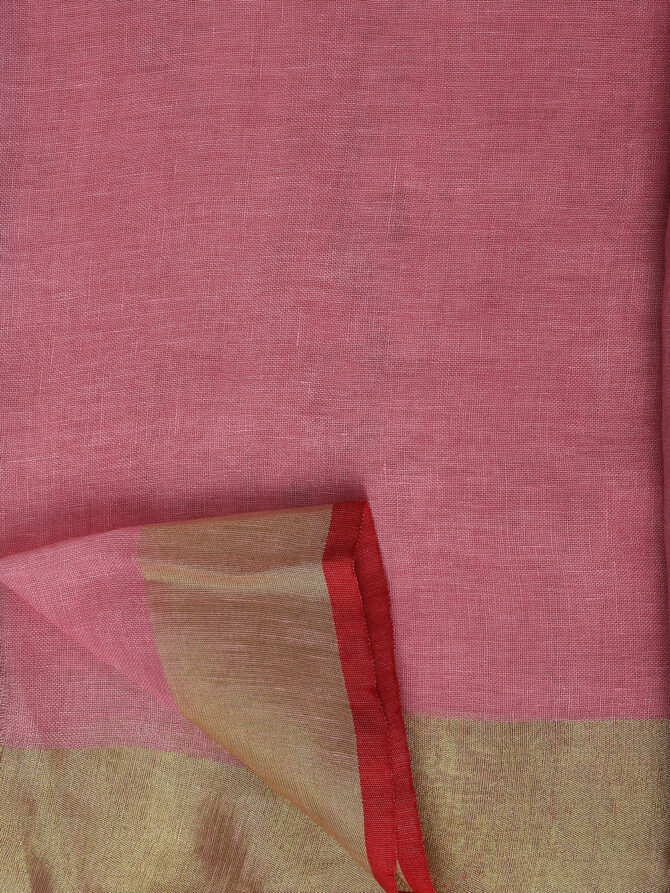Thristle Pink Floral Embroidrey Linen Saree