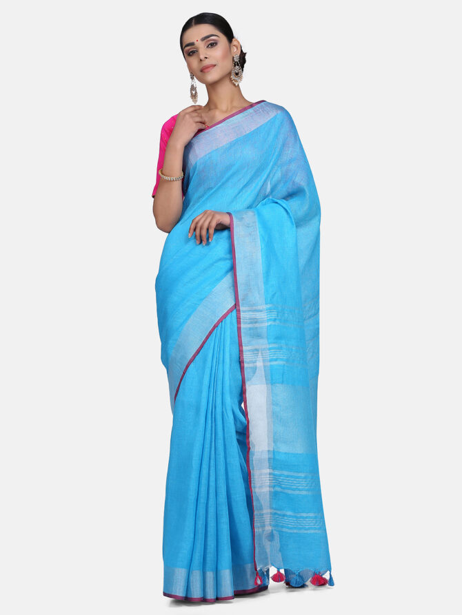 Sky Blue With Pink Border Pure Linen Saree