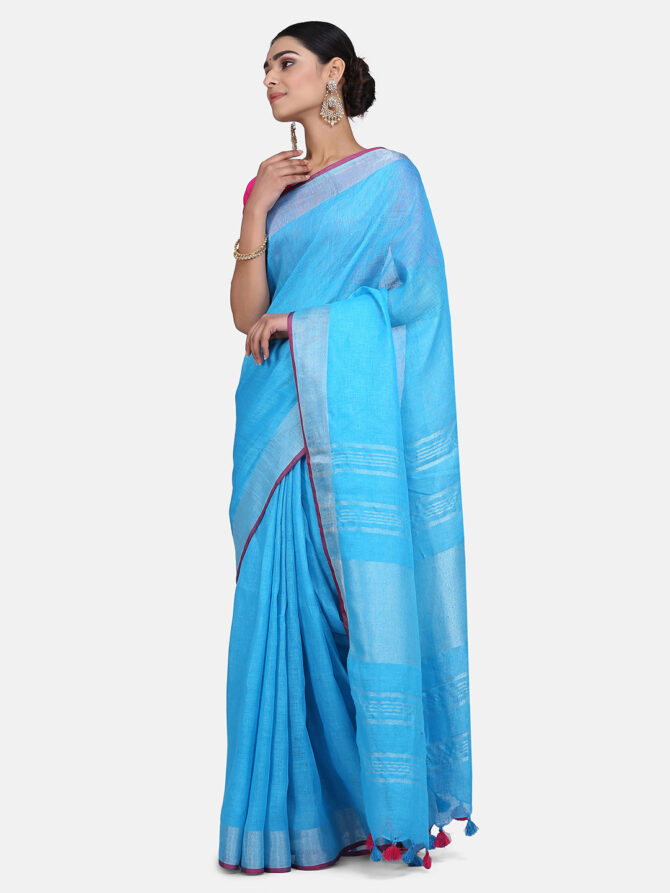 Sky Blue With Pink Border Pure Linen Saree