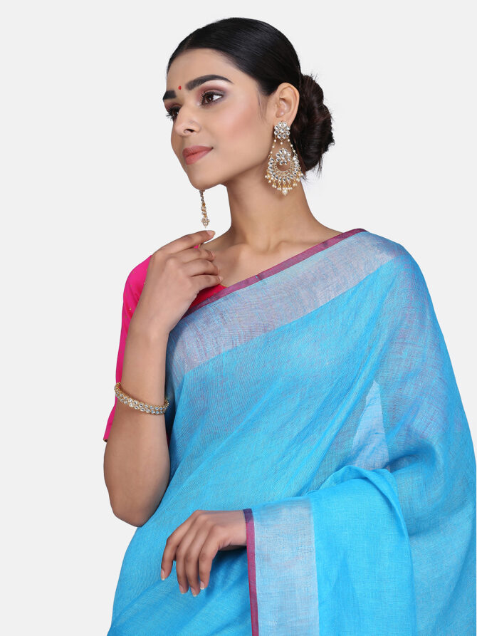 Sky Blue With Pink Border Pure Linen Saree