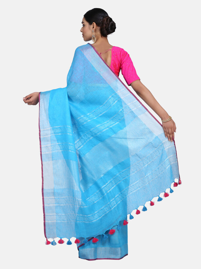 Sky Blue With Pink Border Pure Linen Saree