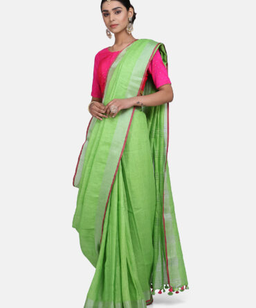 Lime Green With Pink Border Pure Linen Saree