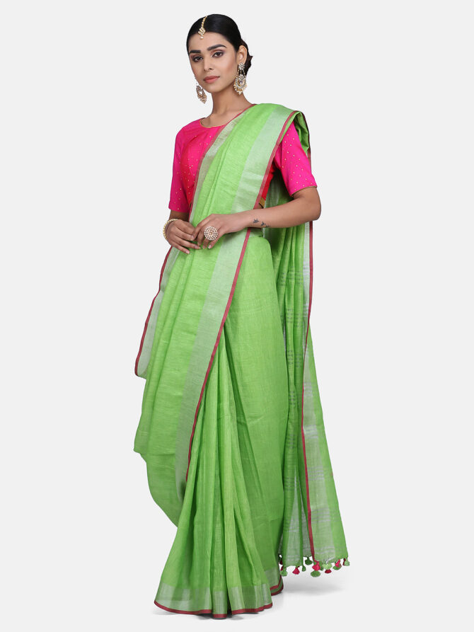 Light Green Solid Colour Linen Saree