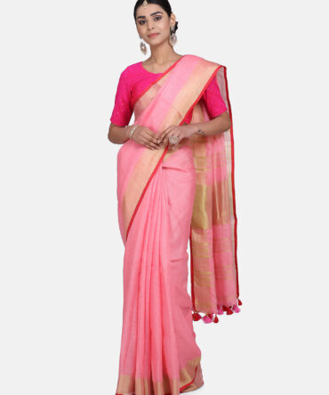 Pastel Pink with Orange Border Pure Linen Saree