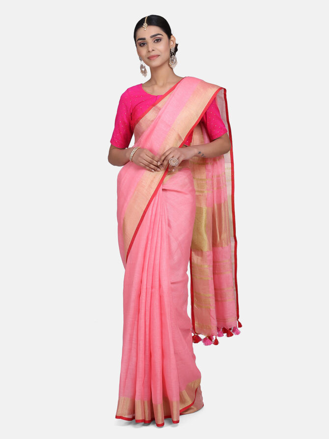Pastel Pink with Orange Border Pure Linen Saree