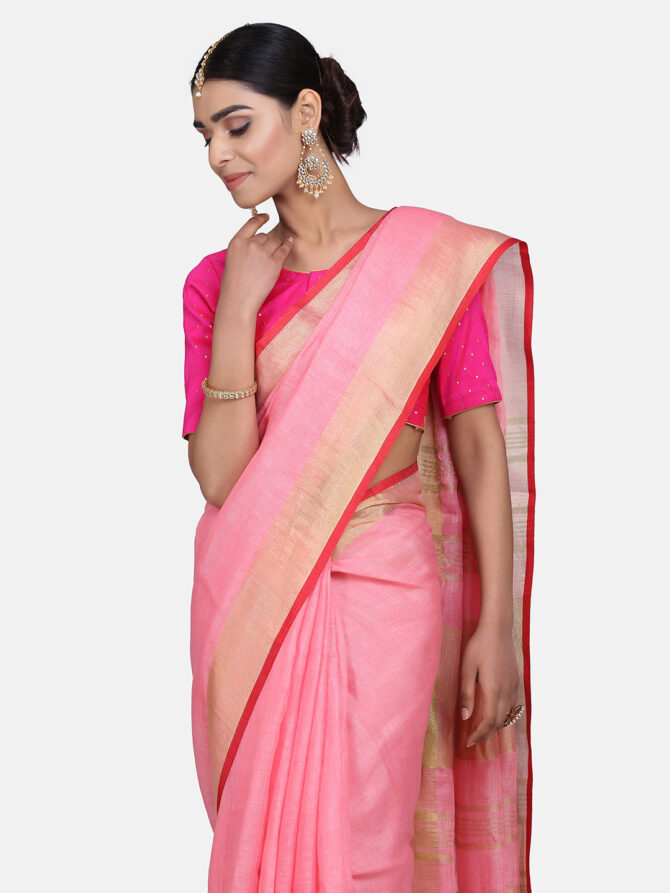 Pastel Pink with Orange Border Pure Linen Saree