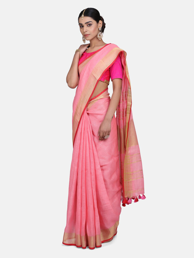 Pastel Pink with Orange Border Pure Linen Saree