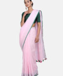 Lilac With Green Border Pure Linen Saree