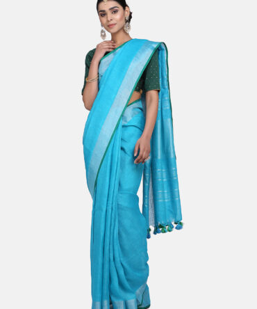 Light Blue with Green Border Pure Linen Saree