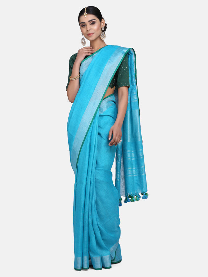 Light Blue with Green Border Pure Linen Saree